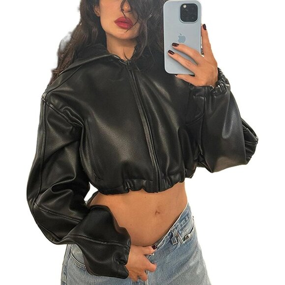 Women Black Leather Jacket with Zipper up Hoodies Motorcycle Bomber